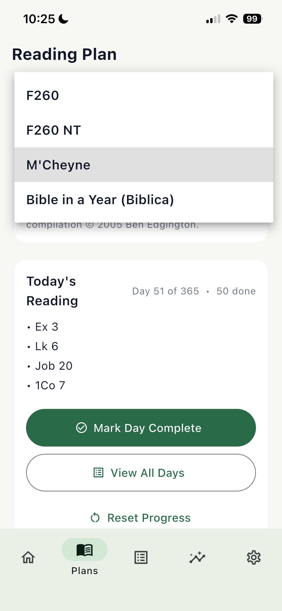 Reading plan screen